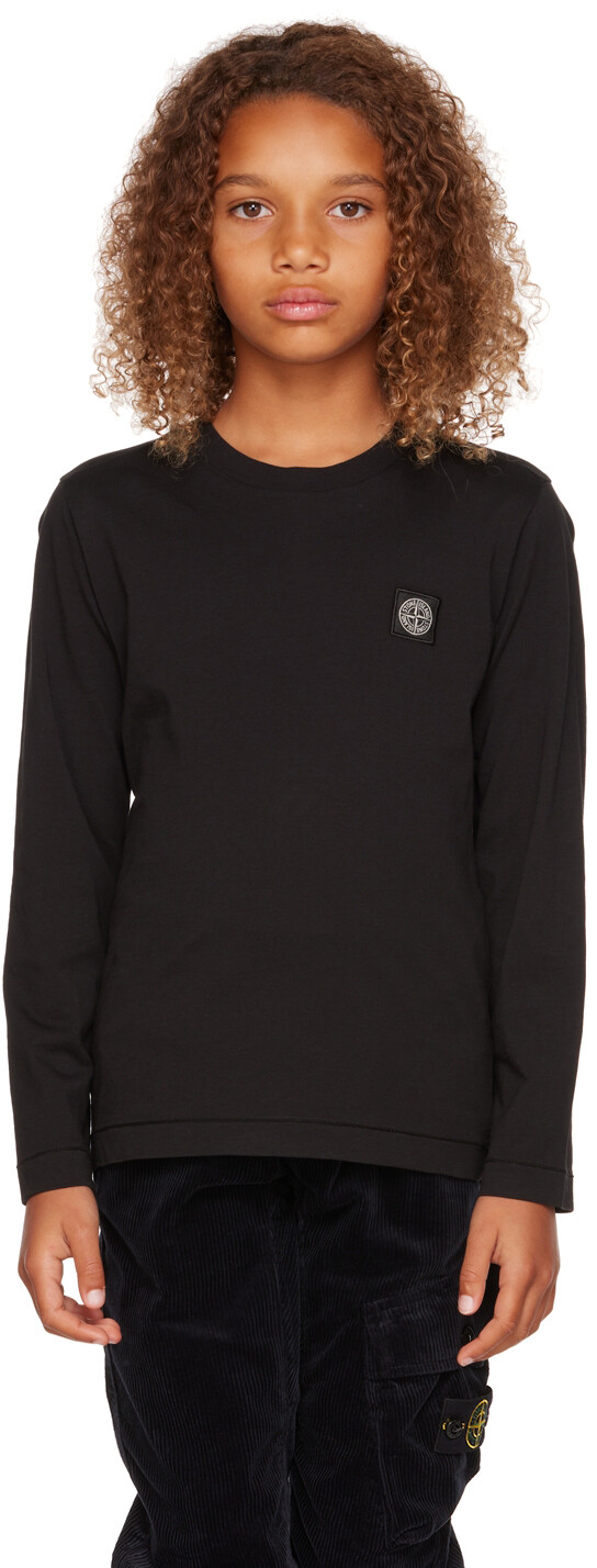 

Детская черная хлопковая футболка с длинным рукавом Stone Island Junior