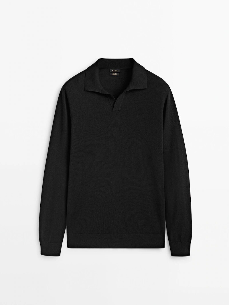 

Свитер-поло из 100% шерсти Massimo Dutti, черный