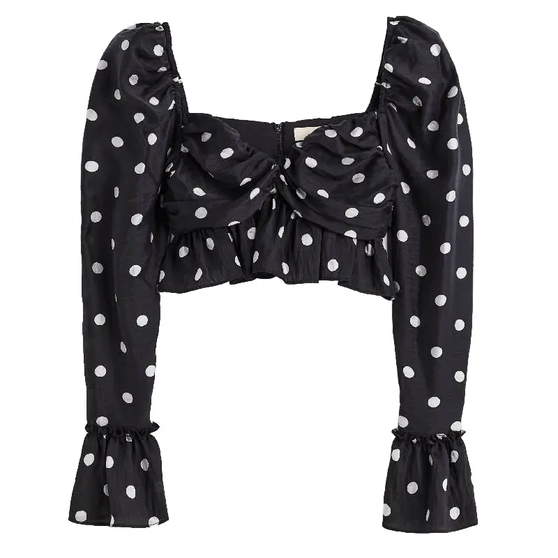 цена Блузка H&M Short Puff-sleeved Peplum, черный в горох