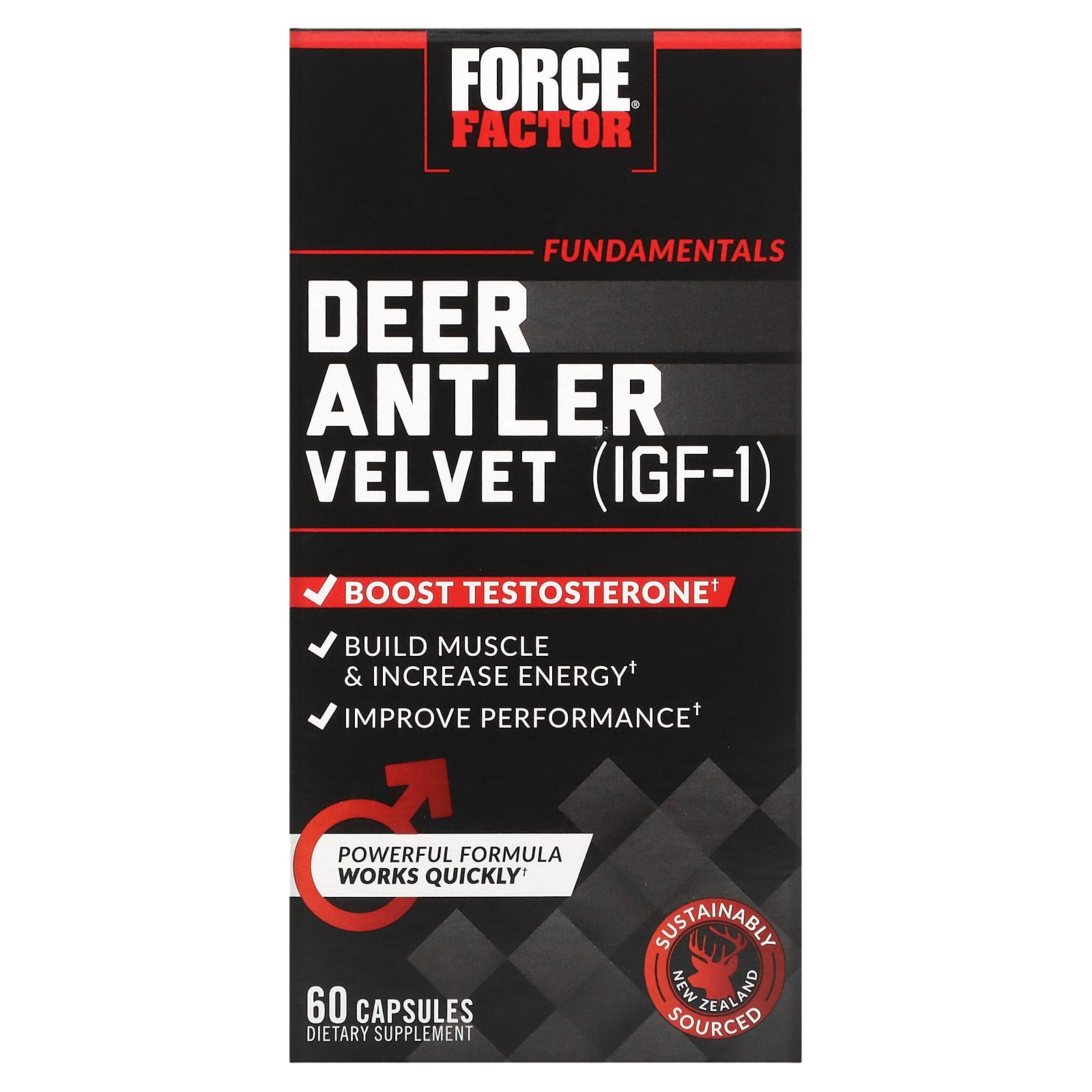 цена Кожа Force Factor IGF-1 из оленьих пантов, 60 капсул