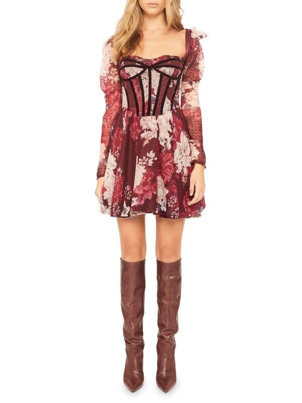 

Корсетное мини-платье evermore в горошек с цветочным принтом Bardot Burgundy floral