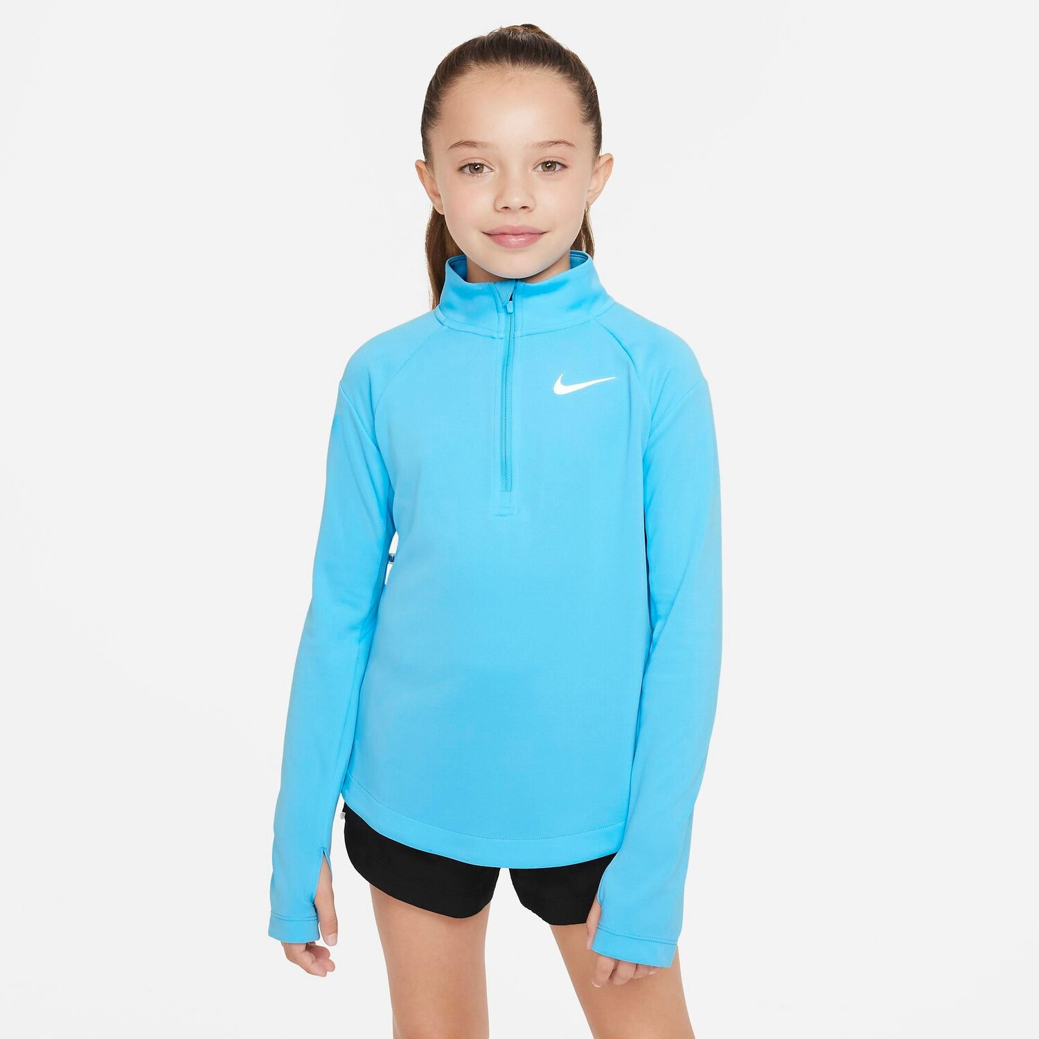 

Беговая футболка Nike Dri-FIT с длинными рукавами и молнией до половины для девочек, синий