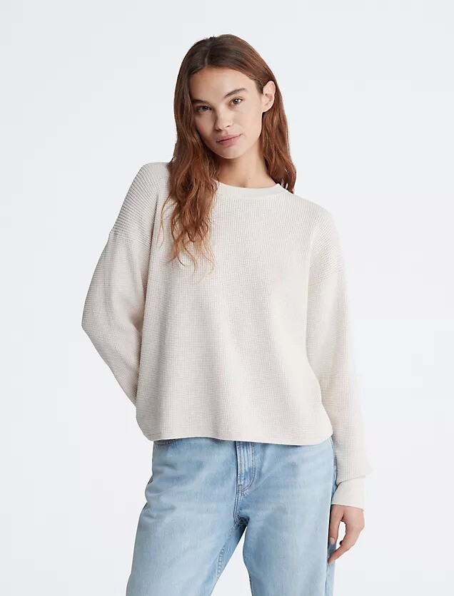 

Свитер Calvin Klein Smooth Cotton Waffle Crewneck, кремовый, Бежевый
