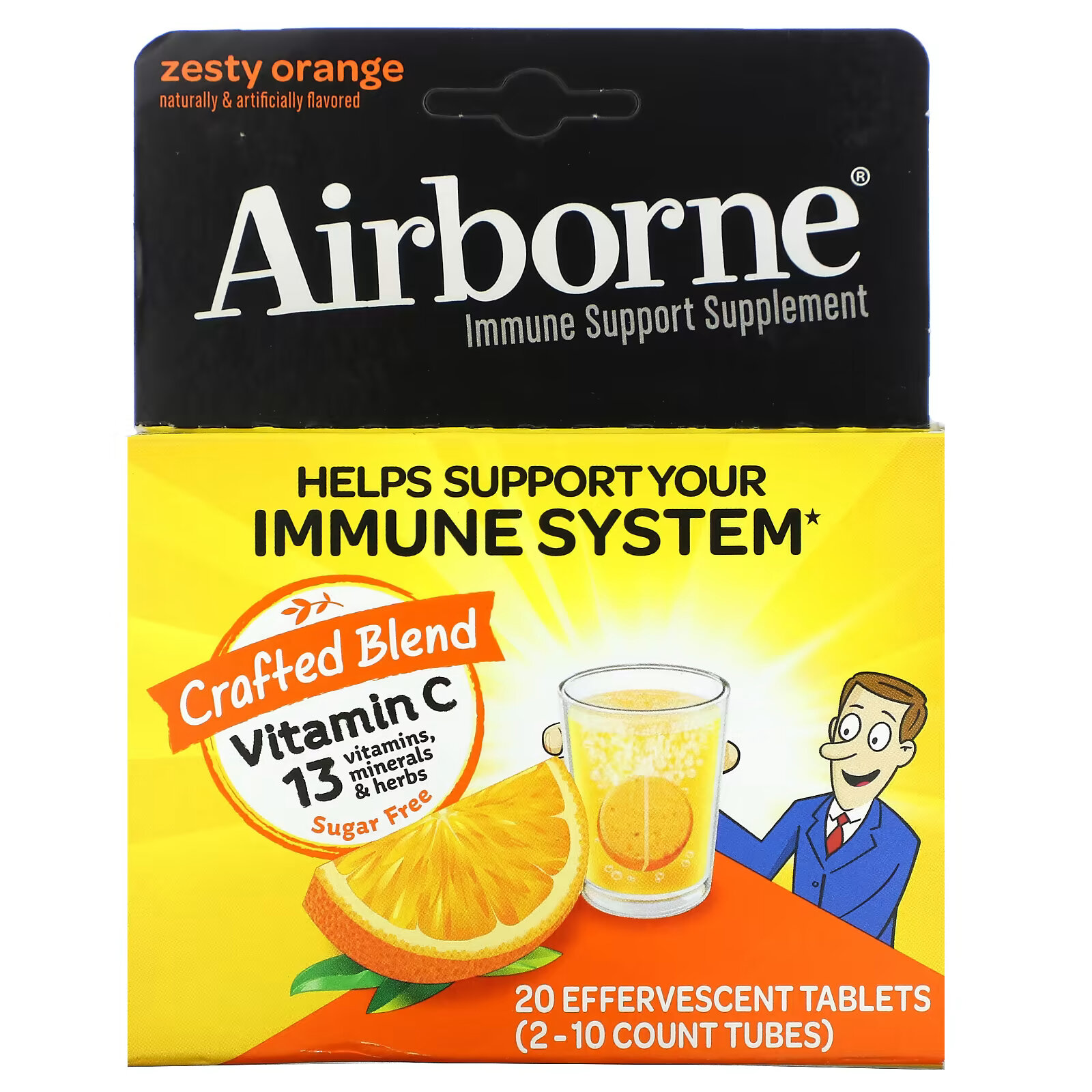 AirBorne, Добавка для поддержки иммунитета, пикантный апельсин, 2 тюбика, 10 шипучих таблеток в каждой airborne оригинальная добавка для поддержки иммунитета пикантный апельсин 63 жевательные таблетки