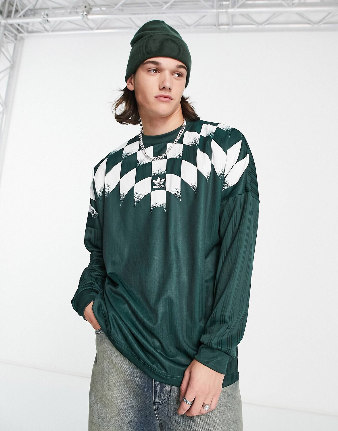 

Темно-зеленая футболка с длинными рукавами в клетку adidas Originals Rekive