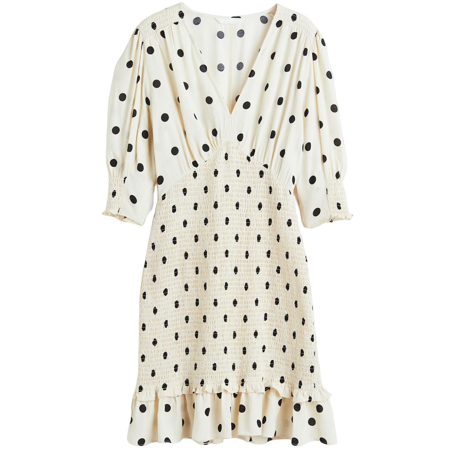 

Платье H&M Dotted Puff-sleeved Smocked, светло-бежевый/черный