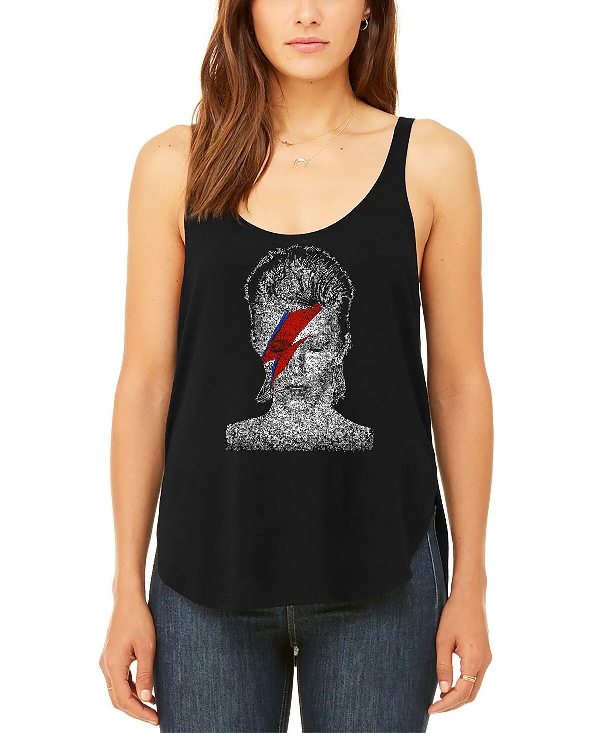 

Женская струящаяся майка david bowie aladdin sane word art LA Pop Art, черный