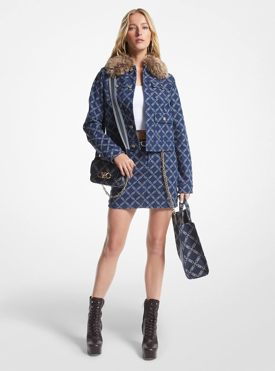 

Куртка Michael Michael Kors Faux Fur Trim Empire Logo Jacquard Denim Utility, синий