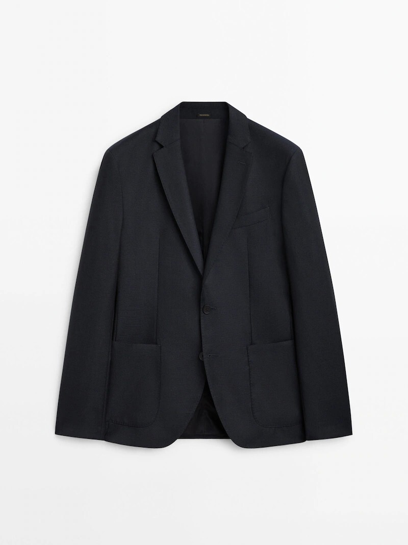 

Темно-синий пиджак из фактурной шерсти Massimo Dutti, темно-синий