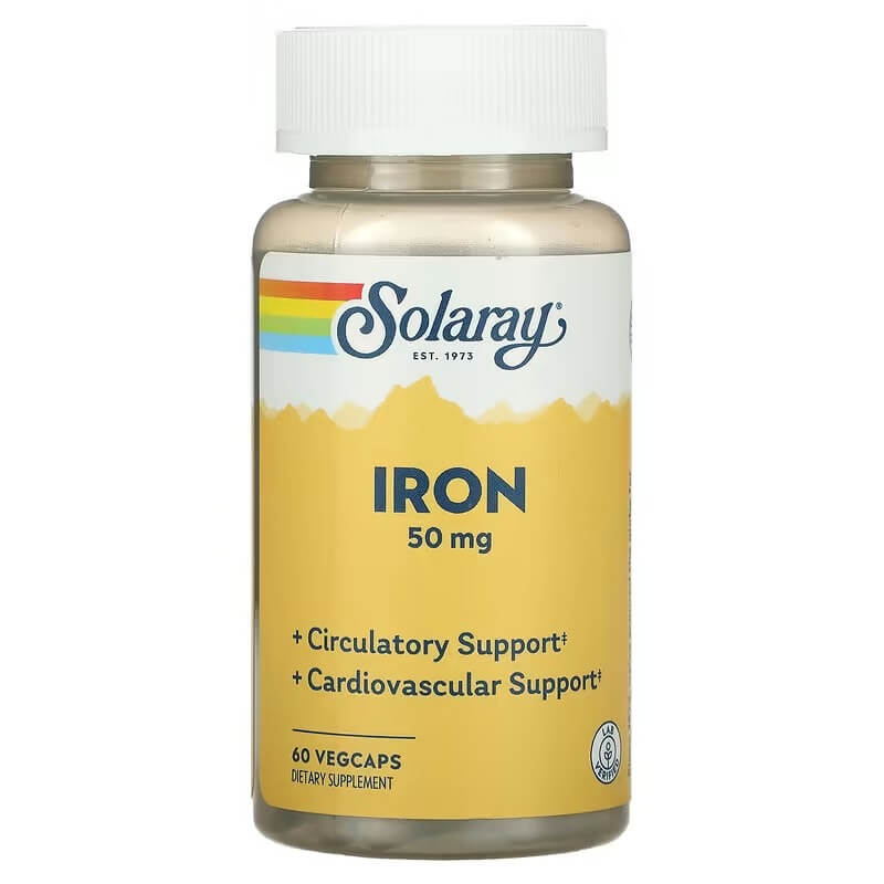Железо Solaray 50 мг, 60 растительных капсул артишок solaray 600 мг 60 растительных капсул