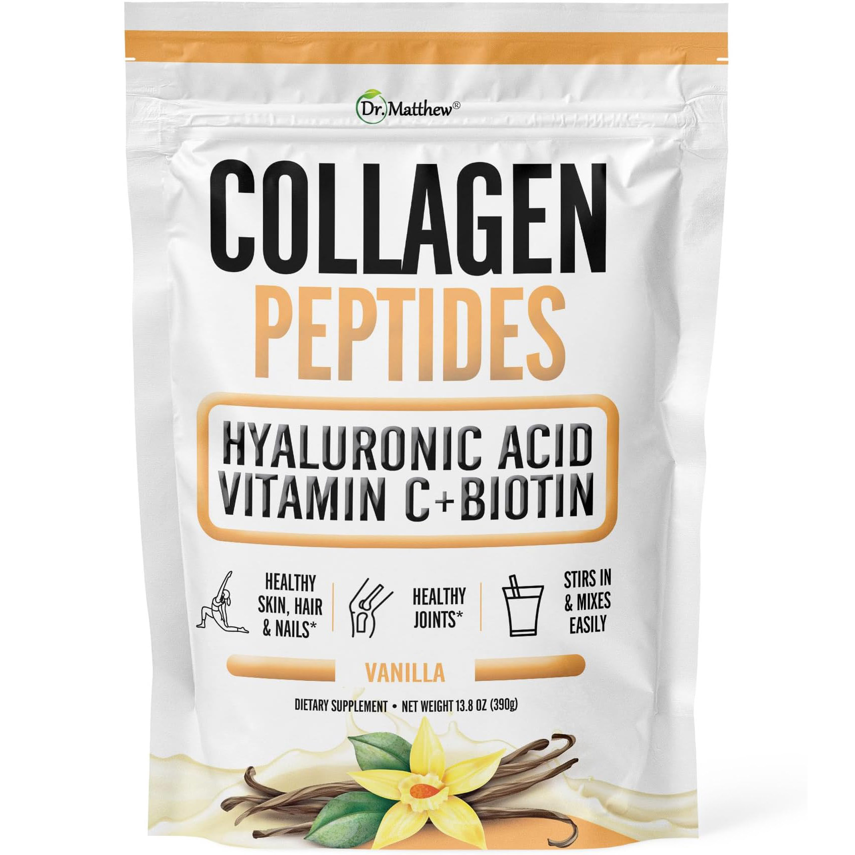 цена Коллаген Dr. Matthew Flavored Vanilla Powder With Hyaluronic Acid, Vitamin C & Biotin, 390 гр