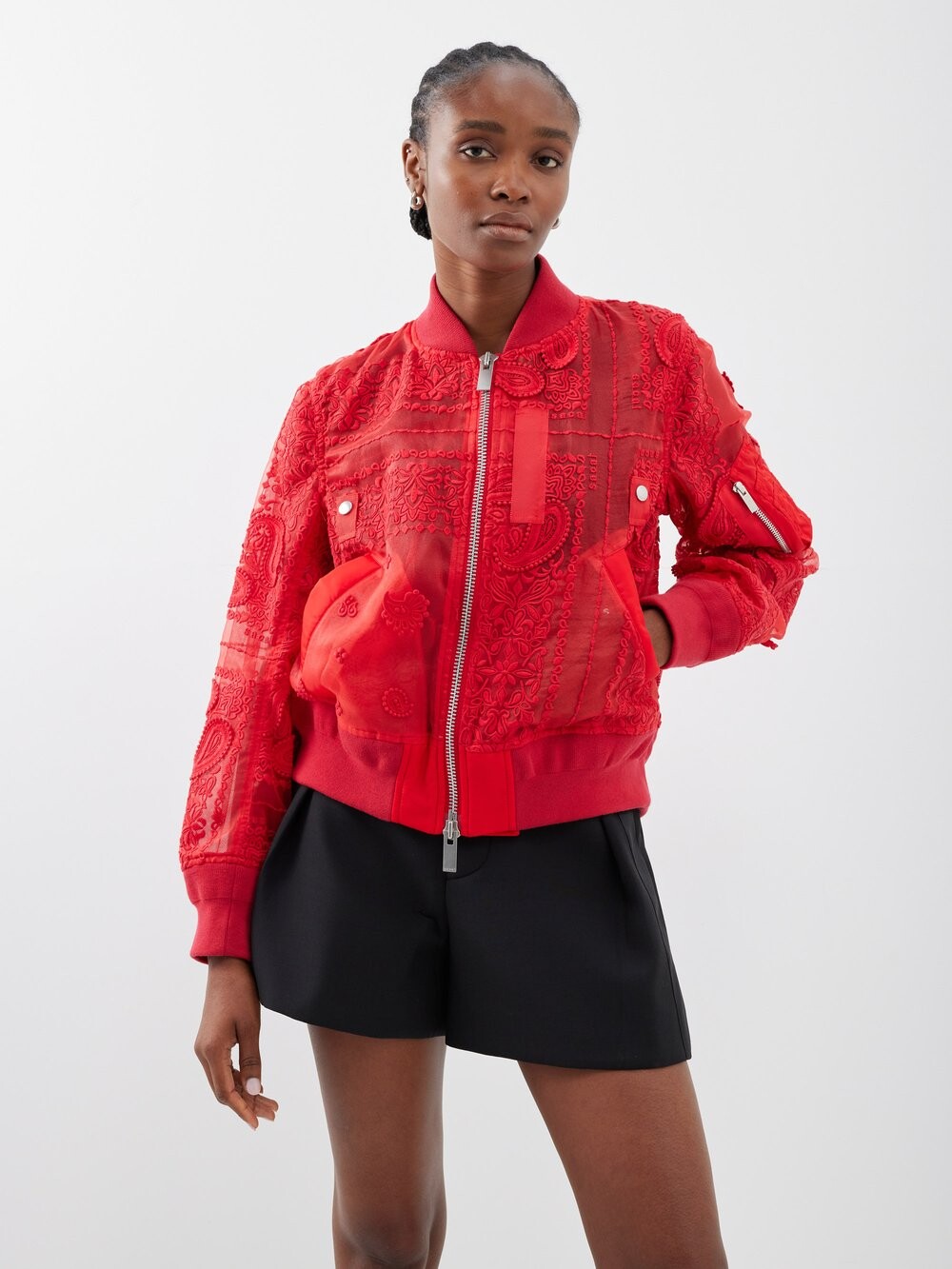 

Сетчатый бомбер с банданой и вышивкой Sacai, красный