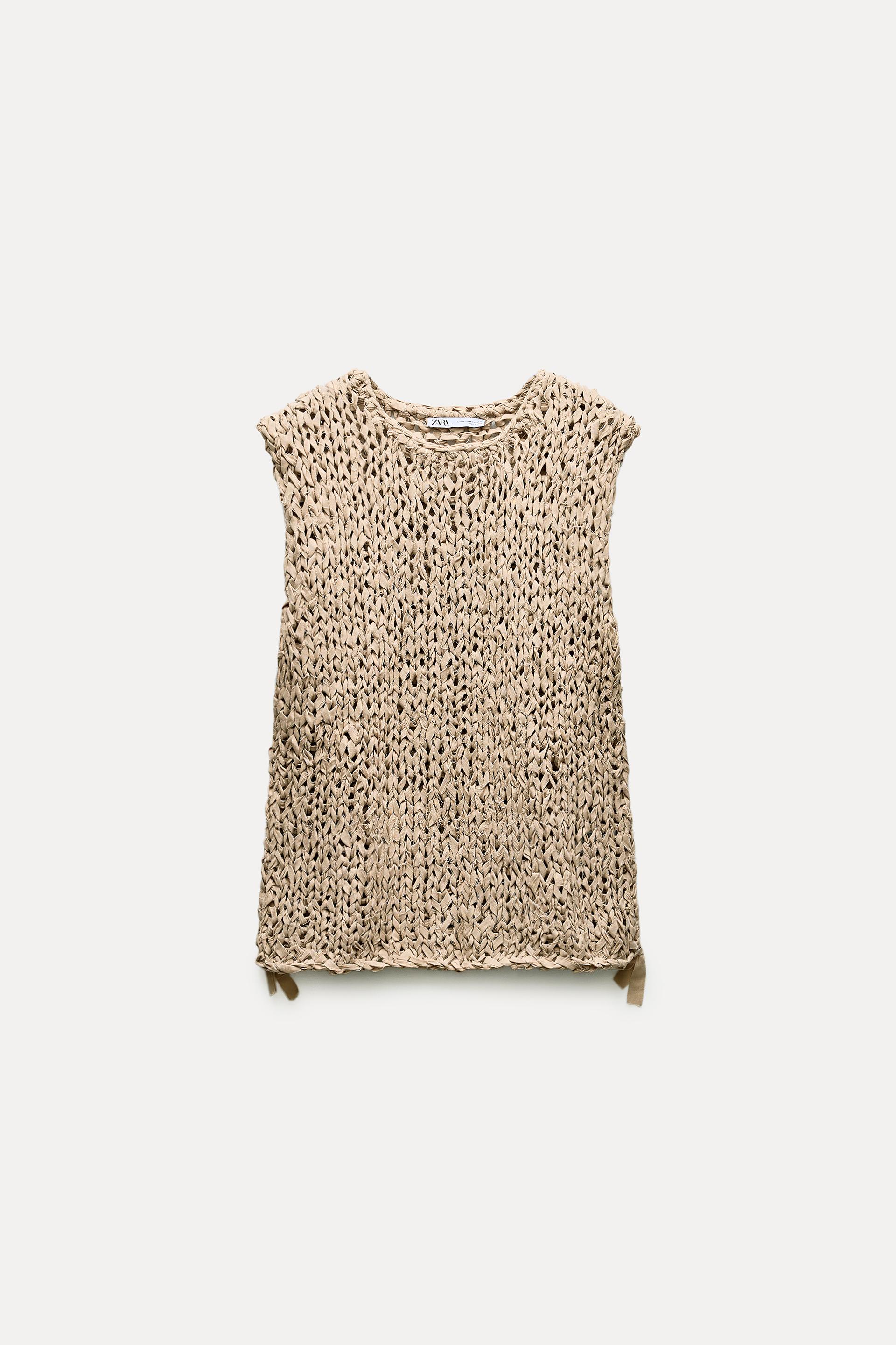 Топ вязаный Zara With Trims, бежевый футболка женская оверсайз с графическим принтом модный топ без рукавов бандажный топ с круглым вырезом уличная одежда 2022