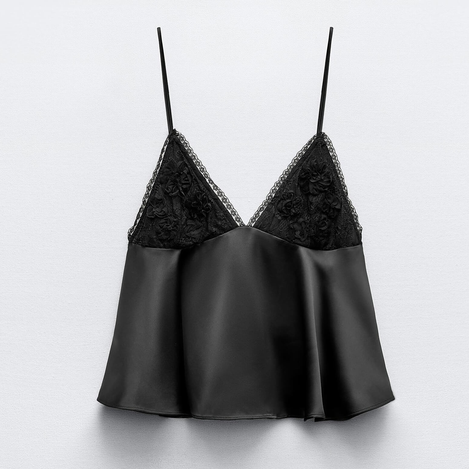 Топ Zara Lace-trimmed Camisole, черный топ zara camisole floral print мультиколор