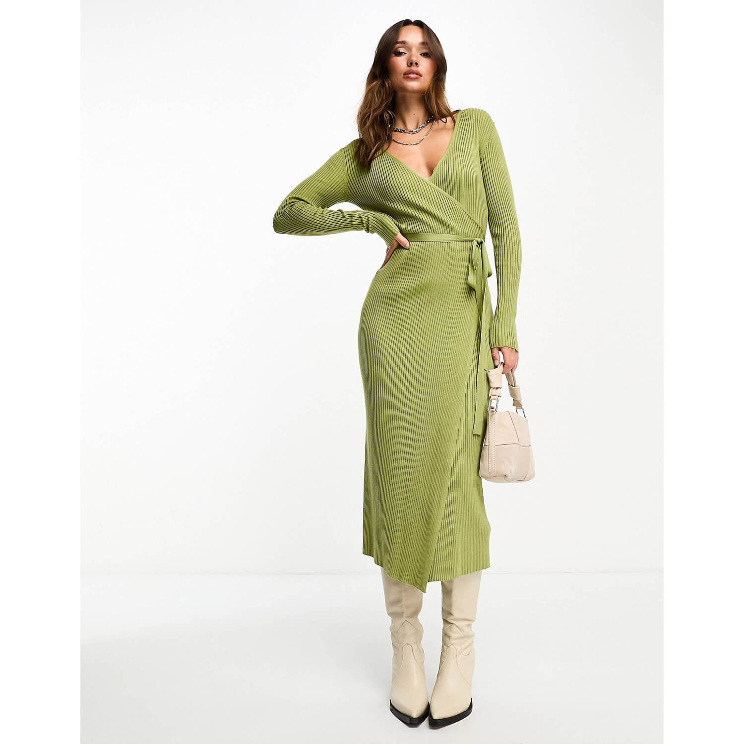 Платье Edited Tie Waist Knitted Midi, оливковый платье edited long sleeve knitted midi кремовый