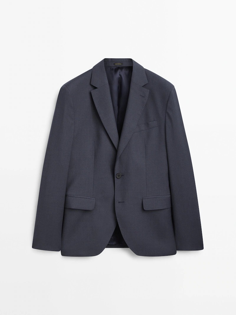 Синий костюмный пиджак из 100% шерсти Massimo Dutti, темно-синий