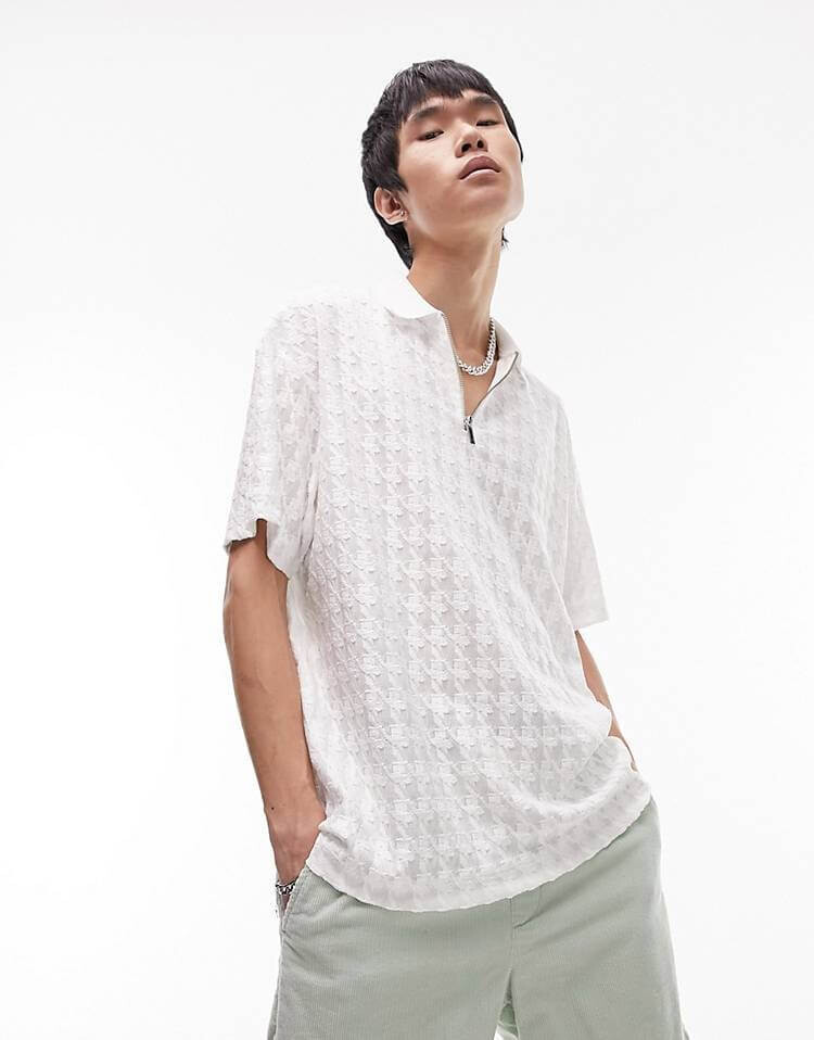 

Футболка Topman Oversized Dogtooth Textured Zip Polo, белый