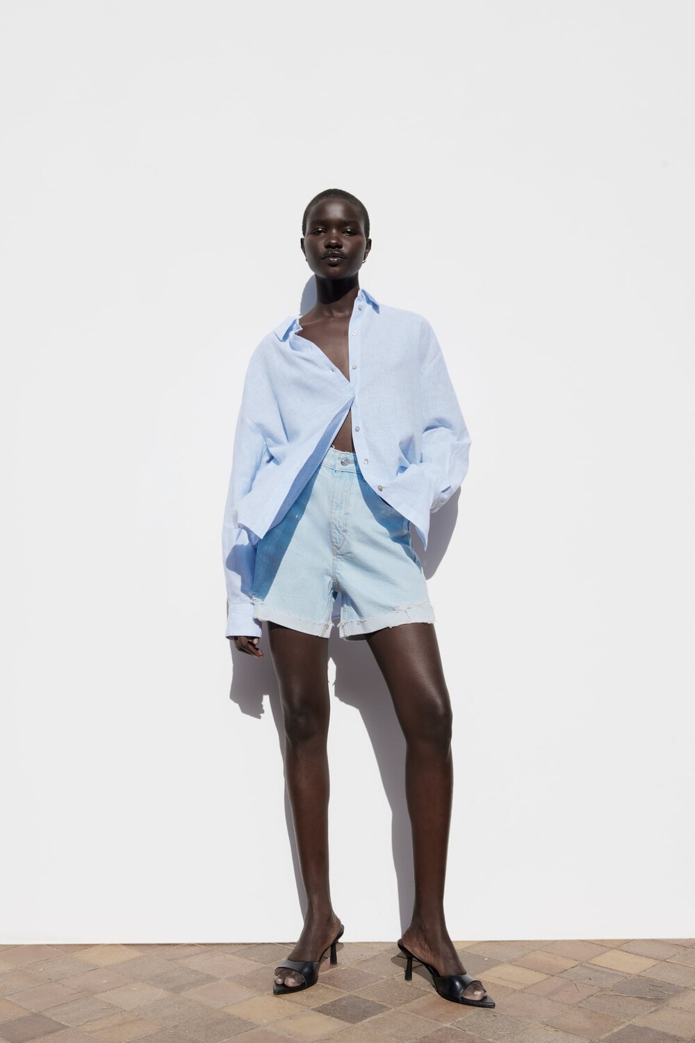 

Рубашка из смешанной льна в полоску ZARA, синий/белый