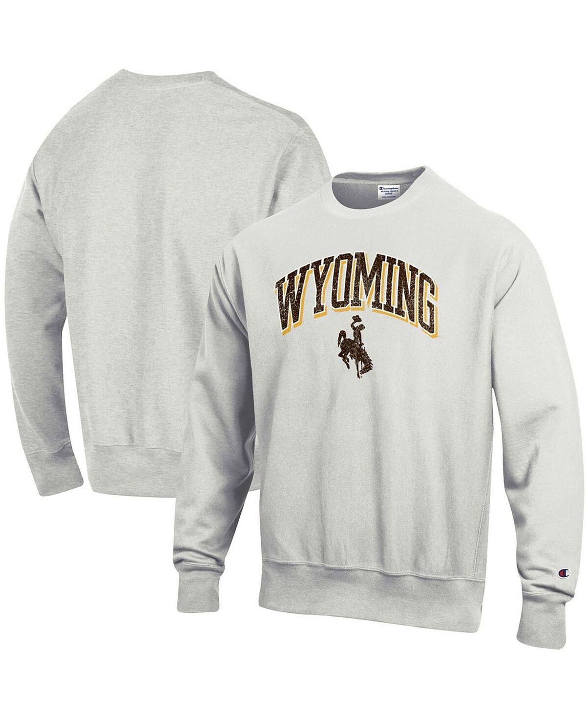 

Мужская меланжевая серая толстовка с принтом wyoming cowboys arch over logo reverse weave pullover sweatshirt Champion, мульти