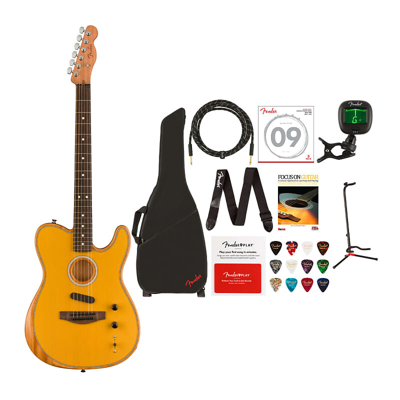 

6-струнная акустическая гитара Fender Acoustasonic Player Telecaster с сумкой, кабелем, регулируемой подставкой для гитары, тюнером, стальными струнами, ремнем, книгой, медиаторами и картой предоплаты
