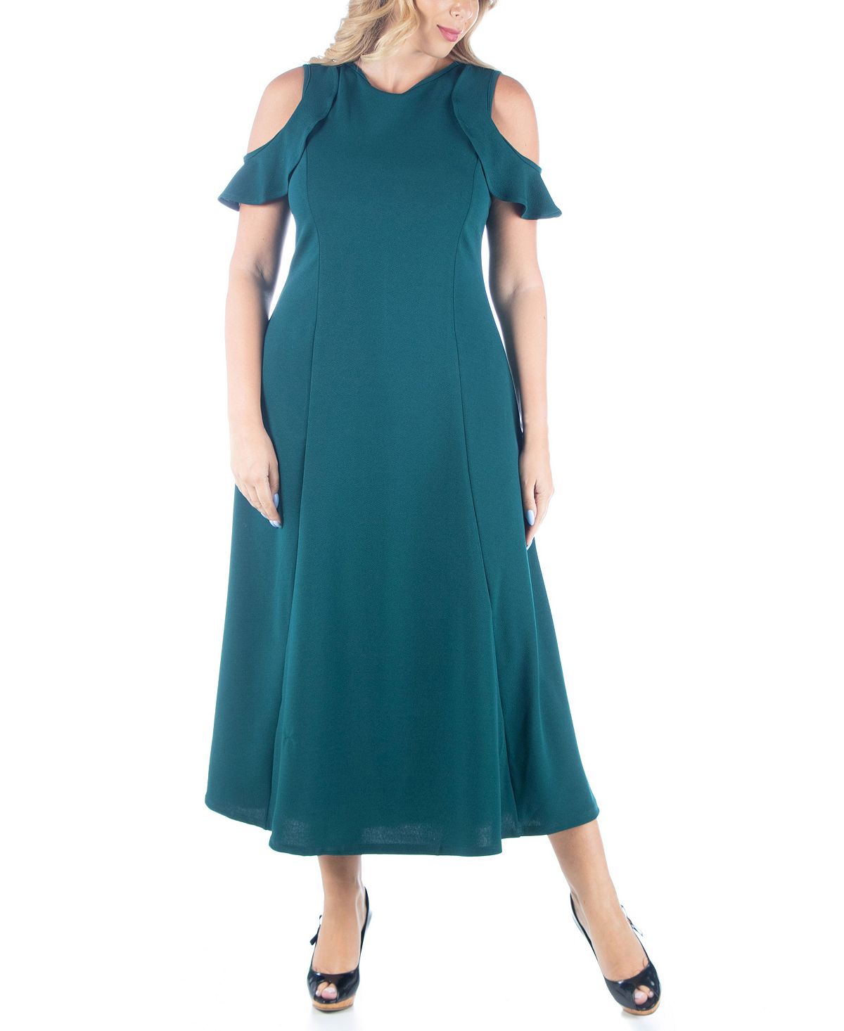 Женское макси-платье больших размеров с рюшами и открытыми плечами 24seven Comfort Apparel, зеленый женское платье макси трапециевидного силуэта с открытыми плечами и рюшами 24seven comfort apparel темно синий