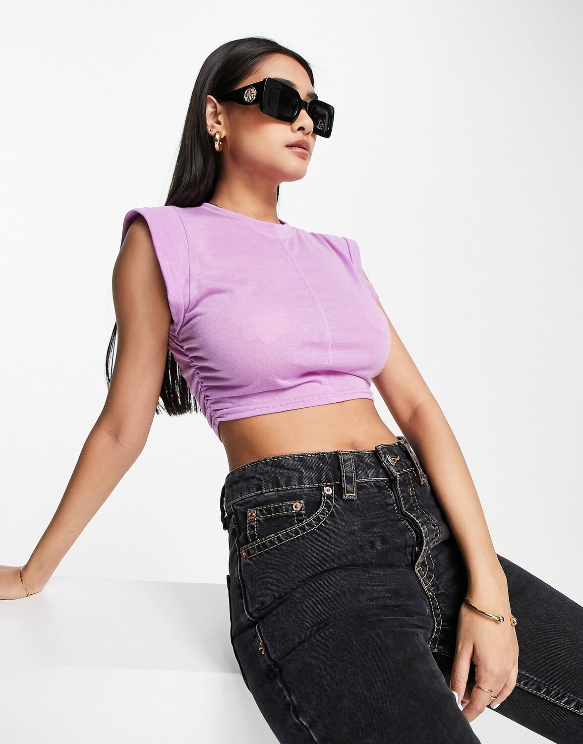 

Сиреневая футболка с рюшами и короткими рукавами ASOS DESIGN, Фиолетовый