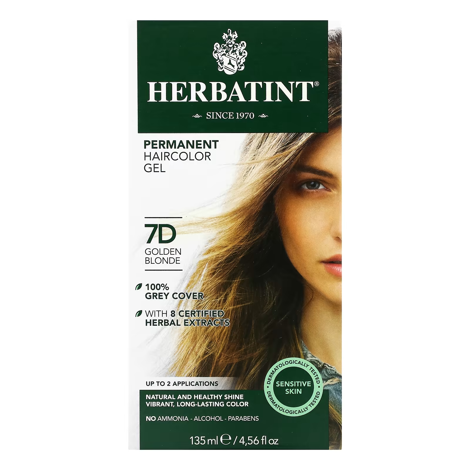 Гель-краска для волос Herbatint 7D золотой блонд, 135 мл herbatint стойкий растительный гель краска для волос 9n медовый блонд 4 56 жидких унции 135 мл