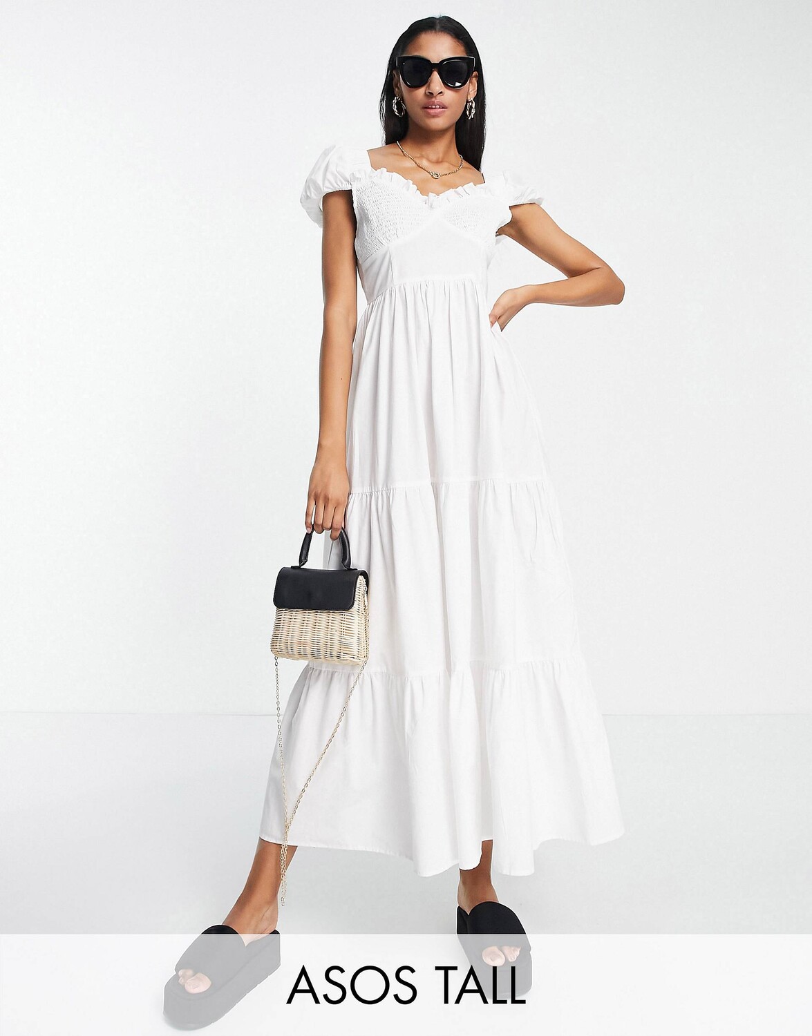

Белое платье миди со сборками и ярусной юбкой ASOS DESIGN Tall