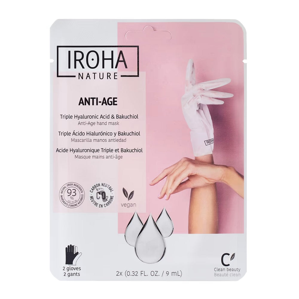 цена IROHA nature Anti-Age Hand Mask Антивозрастная маска для рук в виде перчаток Тройная гиалуроновая кислота и бакучиол 2x9мл