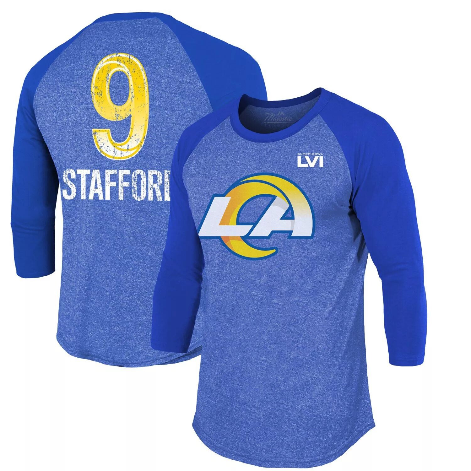 

Мужская футболка Matthew Stafford Royal Los Angeles Rams Super Bowl LVI с именем и номером реглан с рукавами 3/4 Majestic