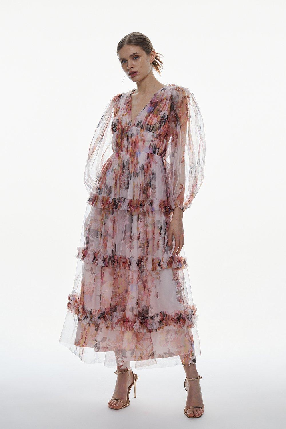 Тканое платье макси с глубоким вырезом и цветочным принтом Karen Millen, мультиколор