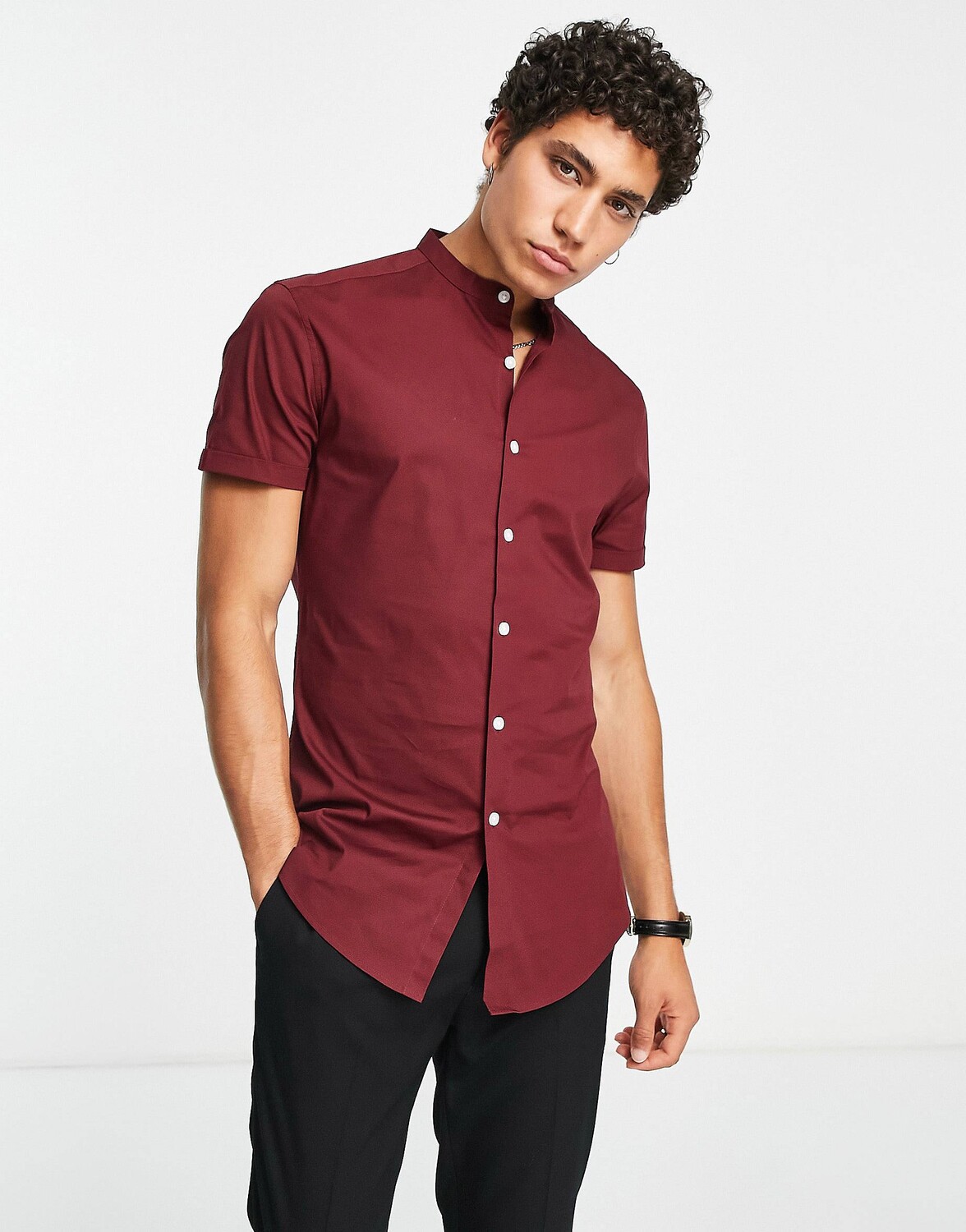 

Бордовая рубашка скинни с воротником-стойкой ASOS DESIGN