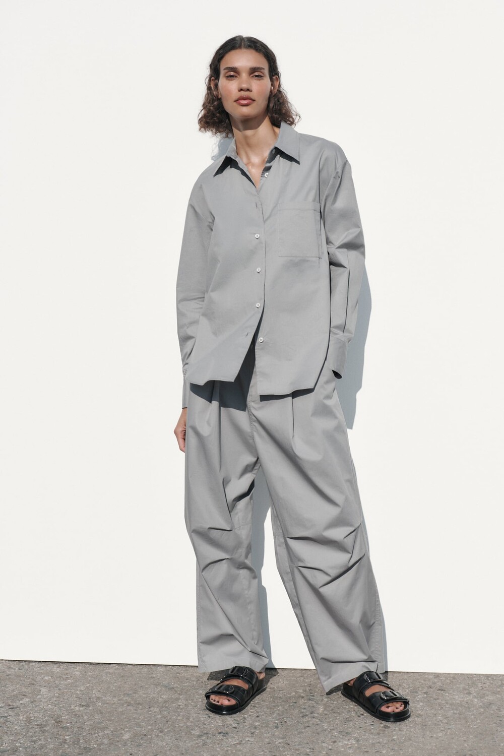 Рубашка из поплина оверсайз ZARA, серый