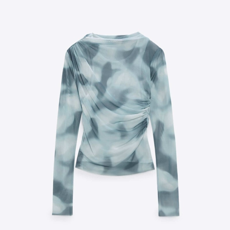 

Лонгслив миди Zara Printed Tulle, синий/белый