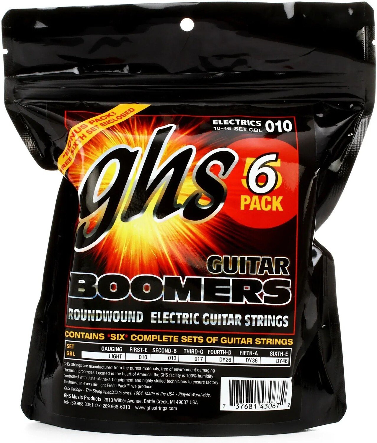 

Струны для электрогитары GHS GBL-6 Guitar Boomers — .010-.046, легкие, 6 шт.