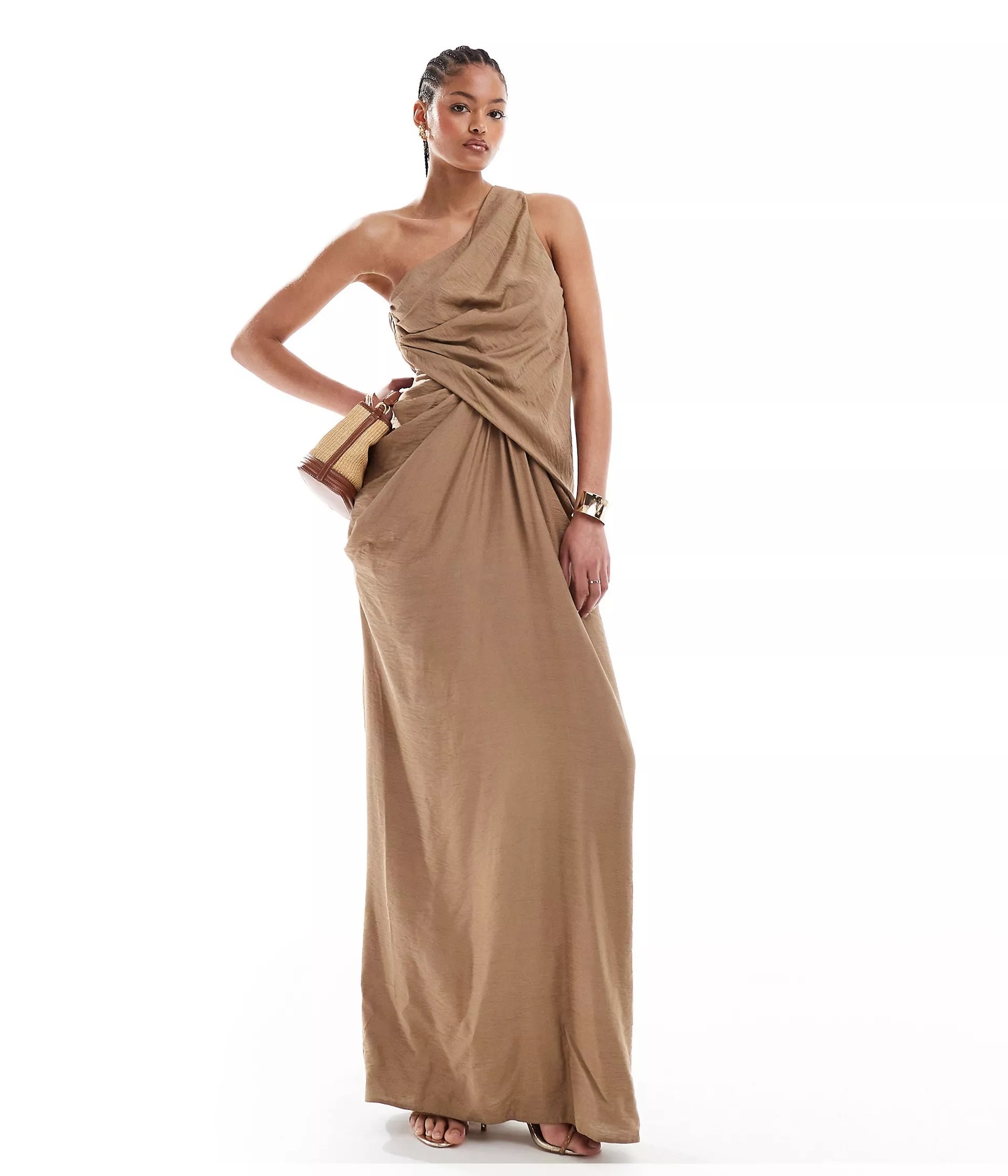 Платье макси Asos Design Tall One Shoulder Draped With Full Skirt, бежевый