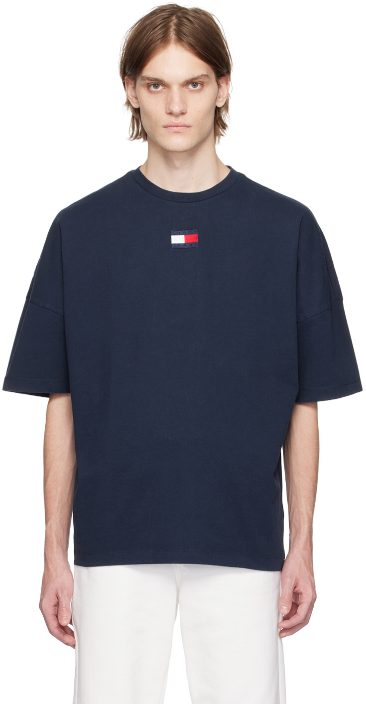 

Темно-синяя футболка с разрезом Tommy Jeans