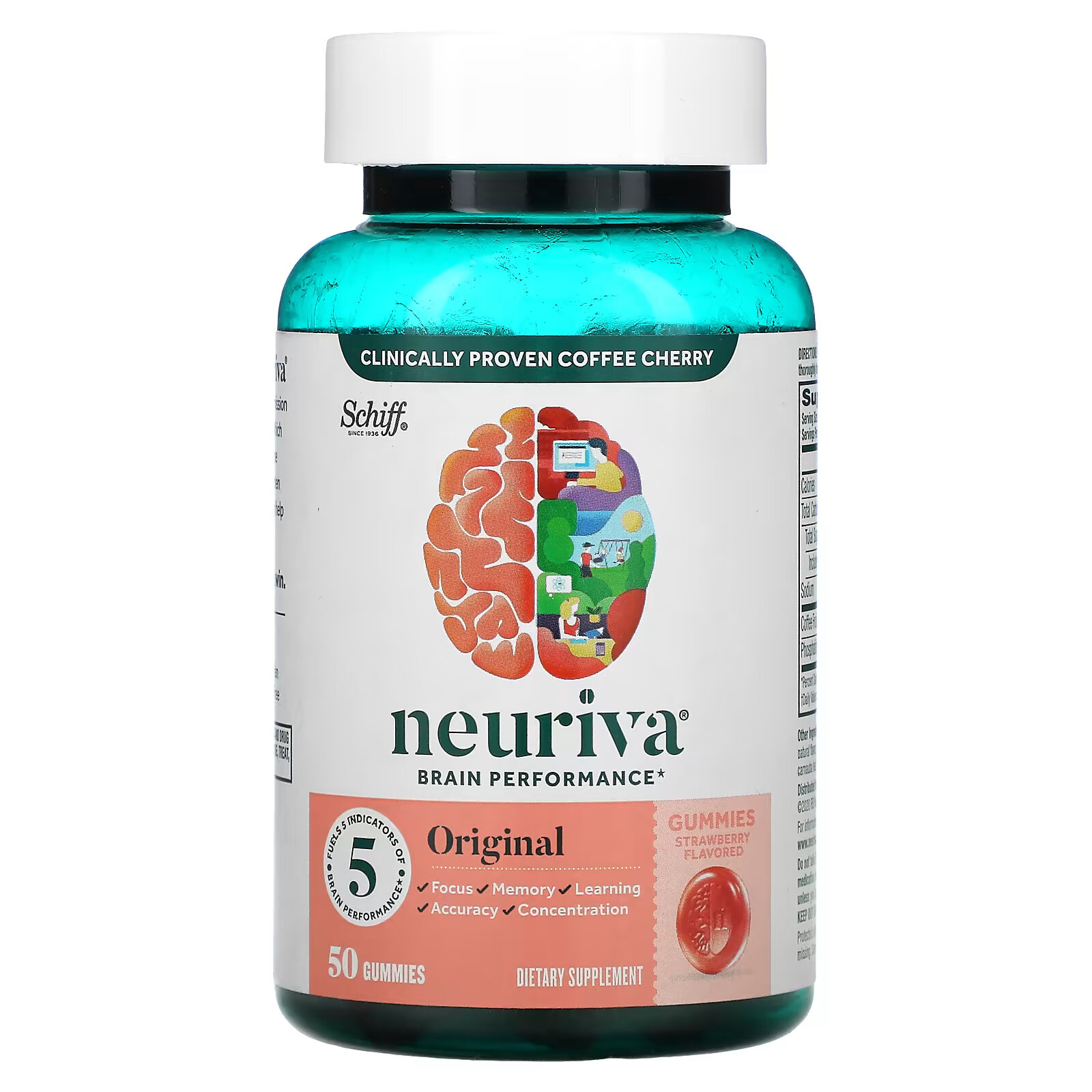 Schiff, Neuriva Brain Performance, оригинальный, со вкусом клубники, 50 жевательных таблеток schiff neuriva brain energy натуральная ежевика 75 жевательных таблеток