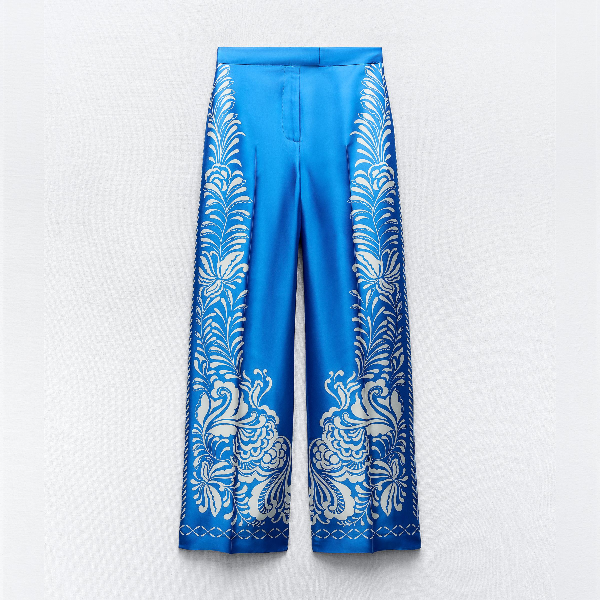 Брюки Zara Satin Print, синий/белый брюки zara bandana print черный белый