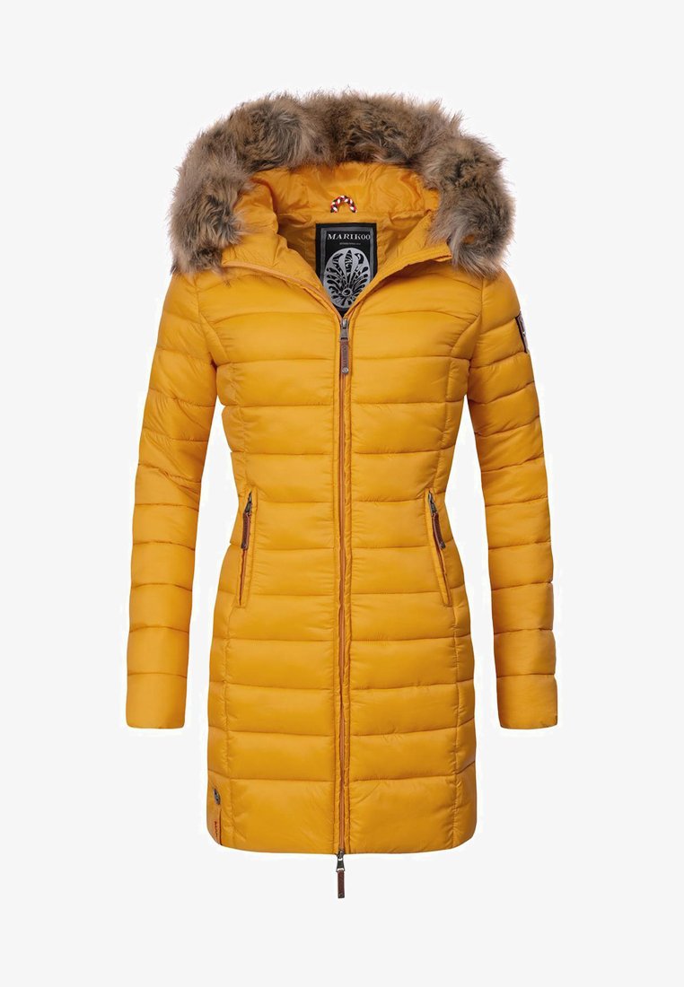 цена Пальто зимнее Marikoo с меховым капюшоном, желтый