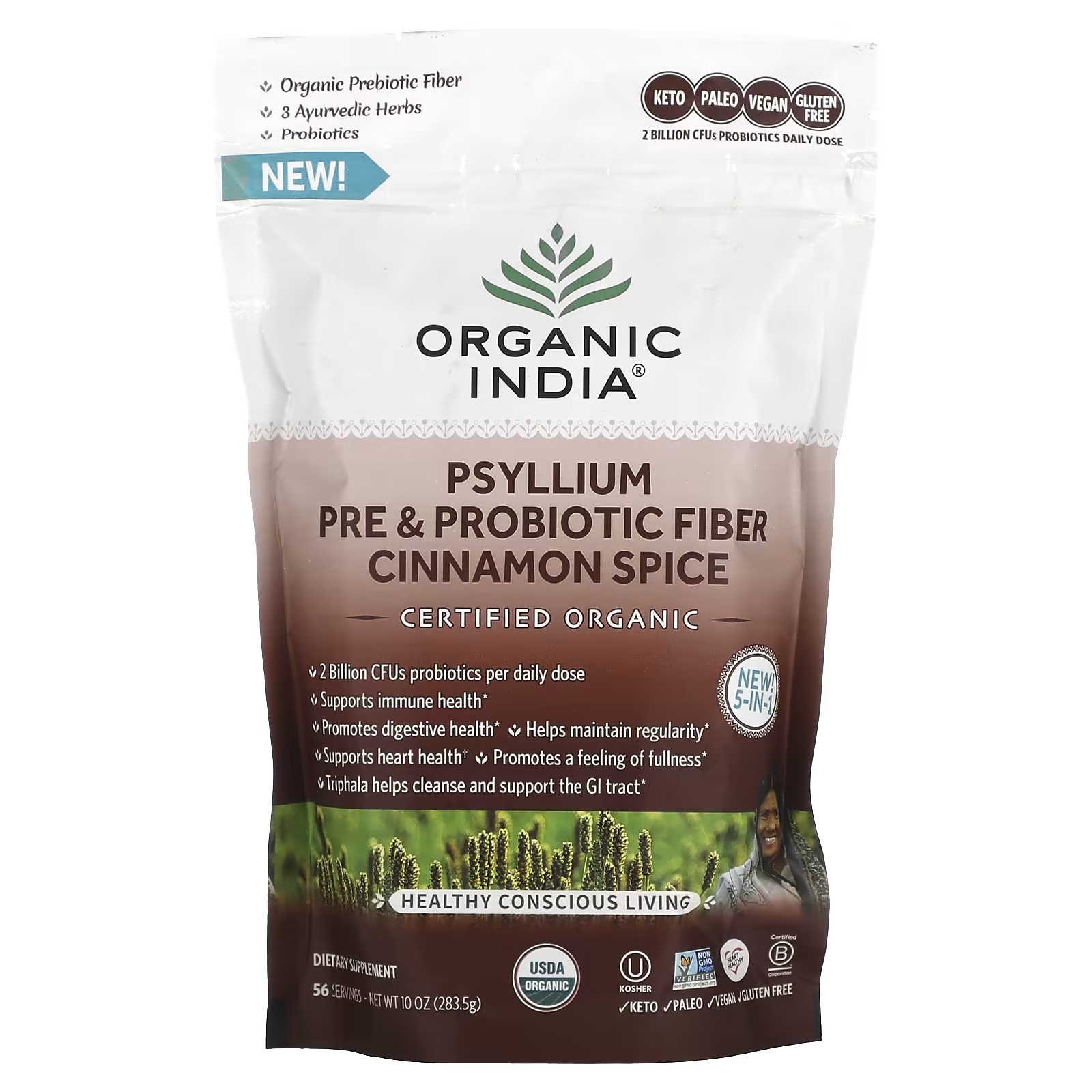 Пребиотическая и Пробиотическая Клетчатка Подорожника Organic India, корица, 283 г