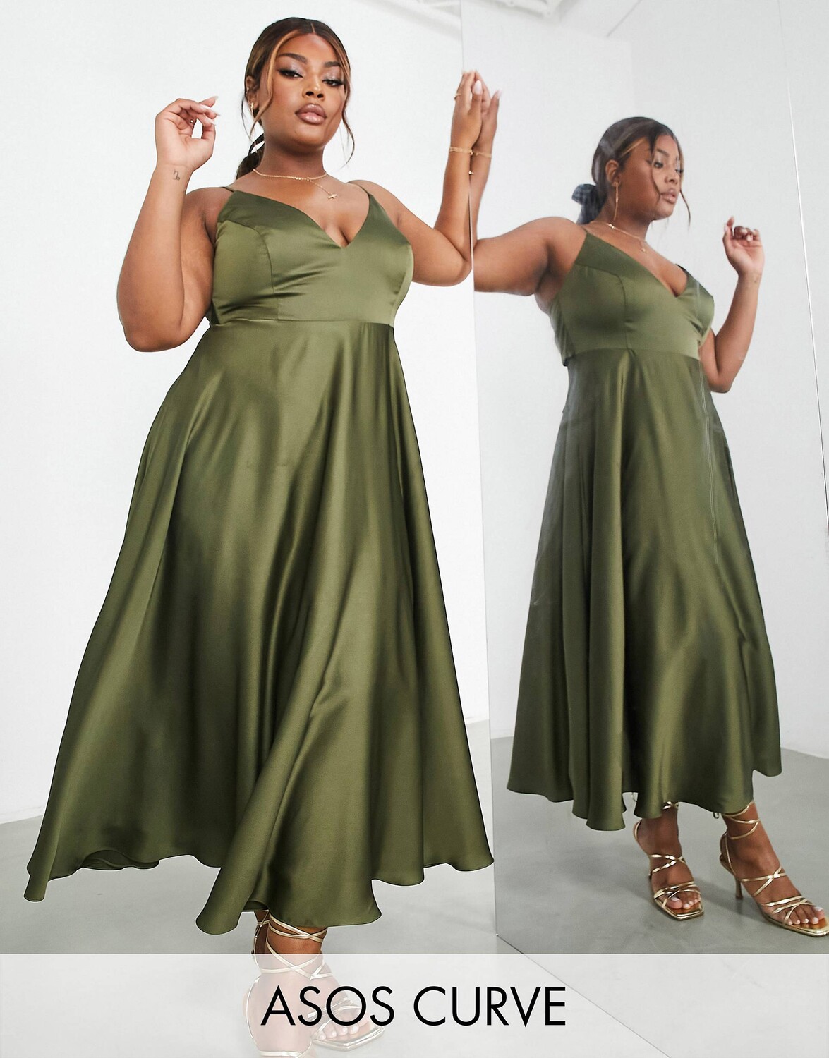 

Оливковое атласное платье миди с завязками на спине ASOS EDITION Curve