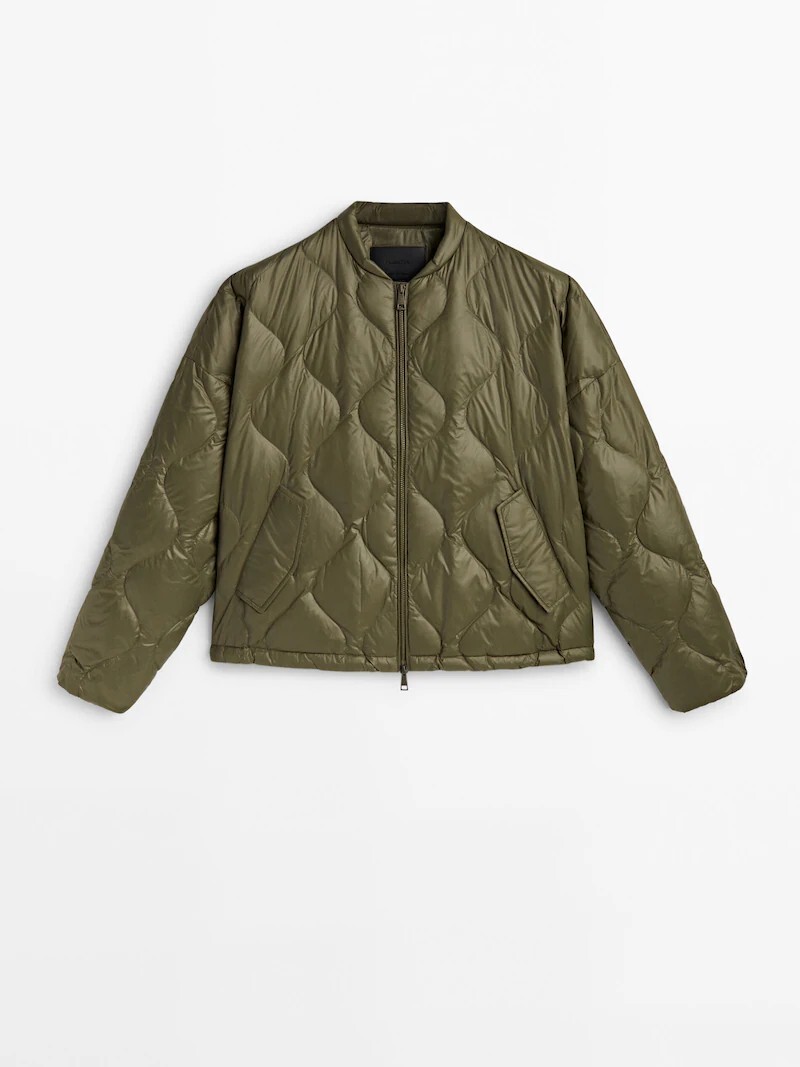 

Стеганый бомбер Massimo Dutti with down and feather padding, хаки