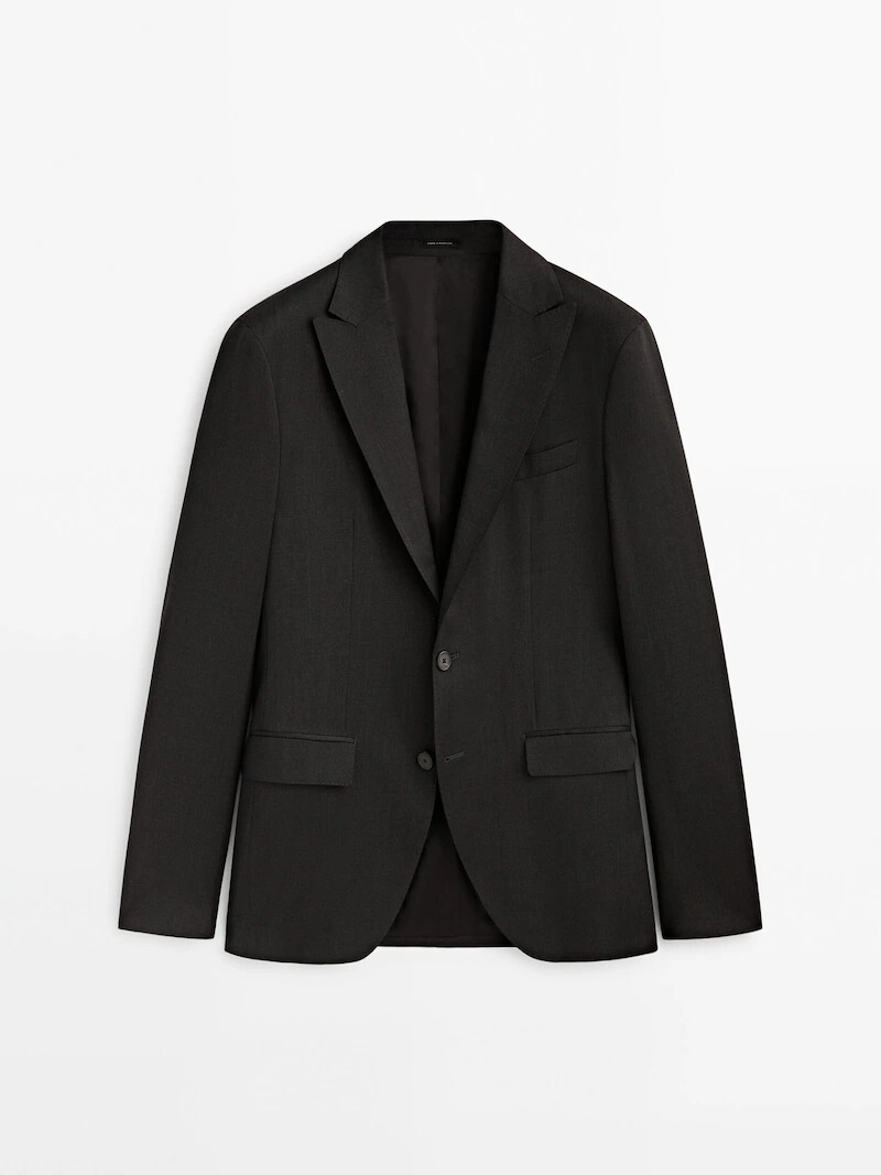 

Серый шерстяной костюмный пиджак из полухолщовой ткани Massimo Dutti, древесный уголь