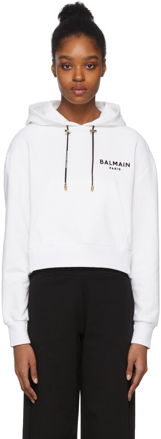 

Белый укороченный худи с логотипом Balmain