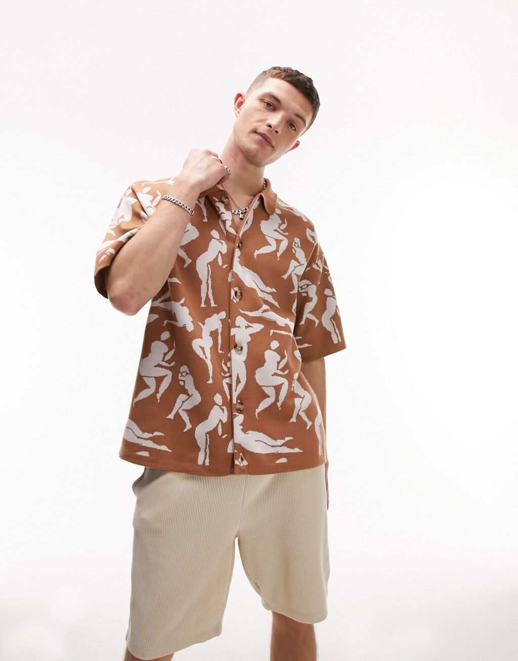 

Коричневая вязаная рубашка на пуговицах с принтом по всей поверхности Topman