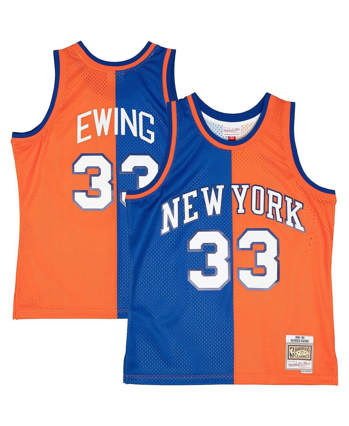 

Мужская футболка patrick ewing blue, orange new york knicks big and tall hardwood classics 1991-92 split swingman jersey Mitchell & Ness, мульти