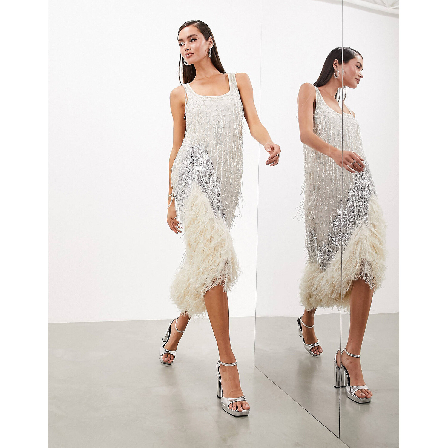 

Платье Asos Edition Scoop Neck Embellished Tassel With Faux Feather Hem, серебристый