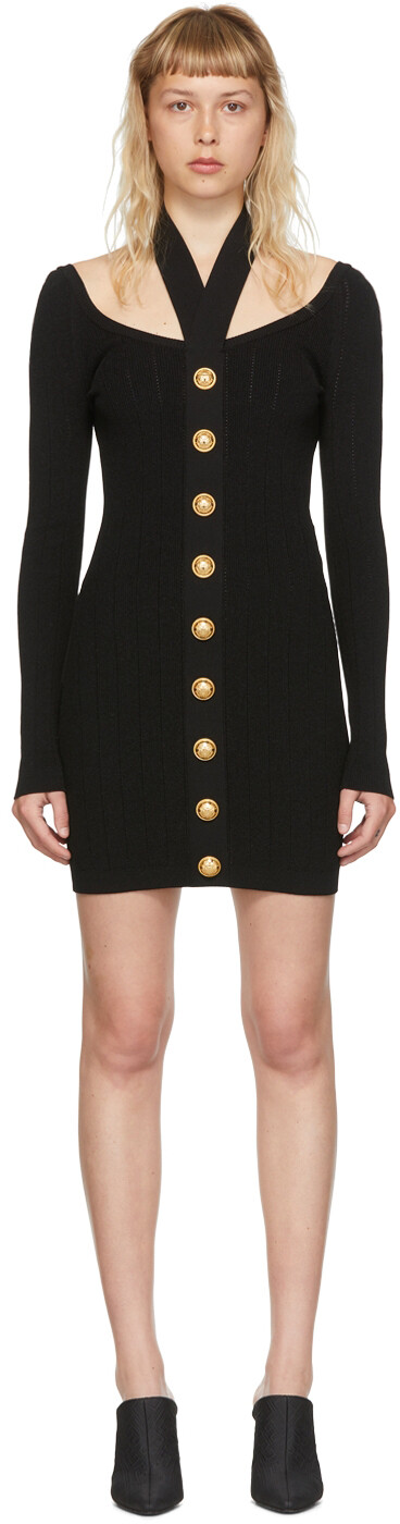 

Черное мини-платье из вискозы на пуговицах Balmain, Черный