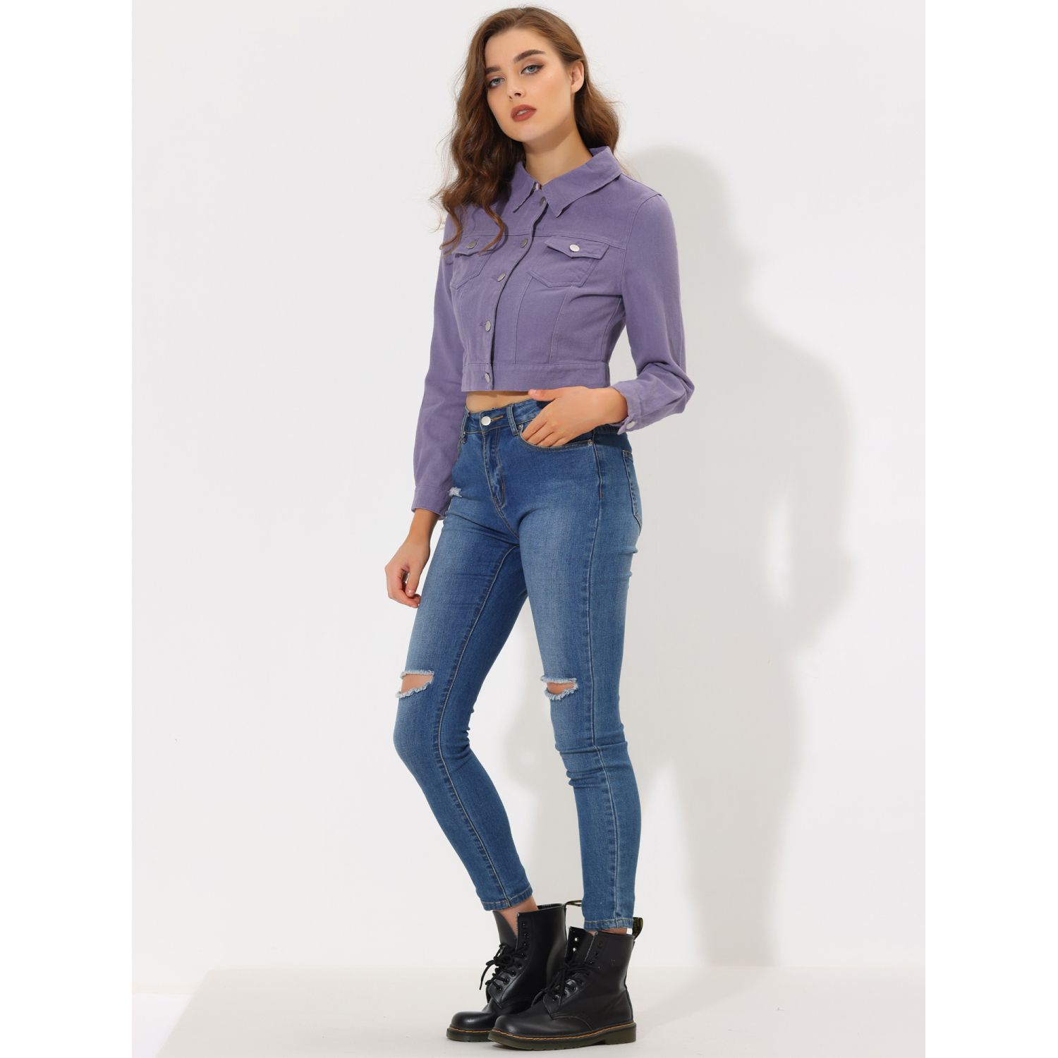 цена Женская укороченная джинсовая куртка на пуговицах с длинными рукавами ALLEGRA K